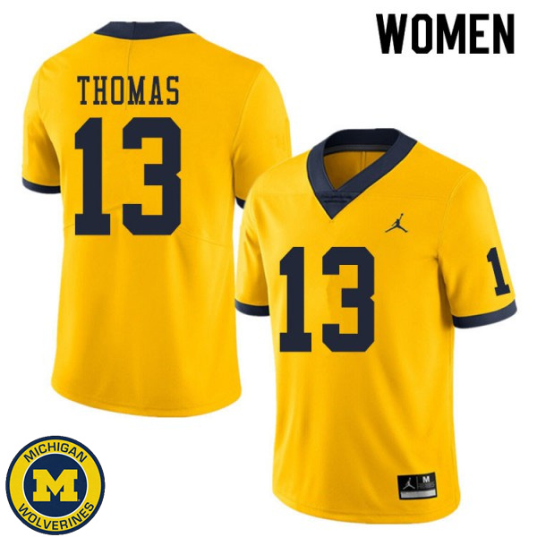 Women Michigan Wolverines #13 Charles Thomas Yellow College Game Jersey